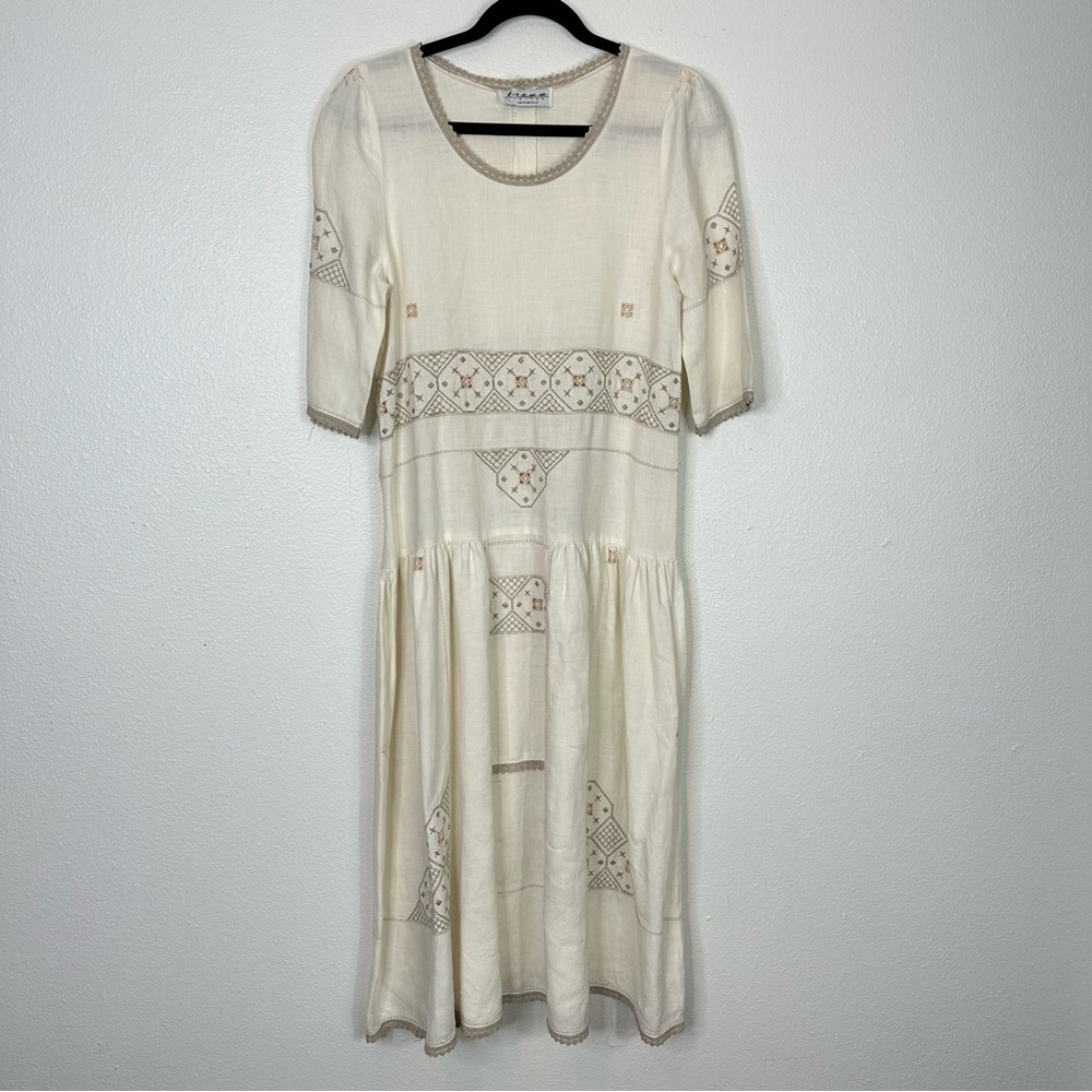 Vintage framm limited cottagecore embroidered midi dress coastal cowgirl neutral